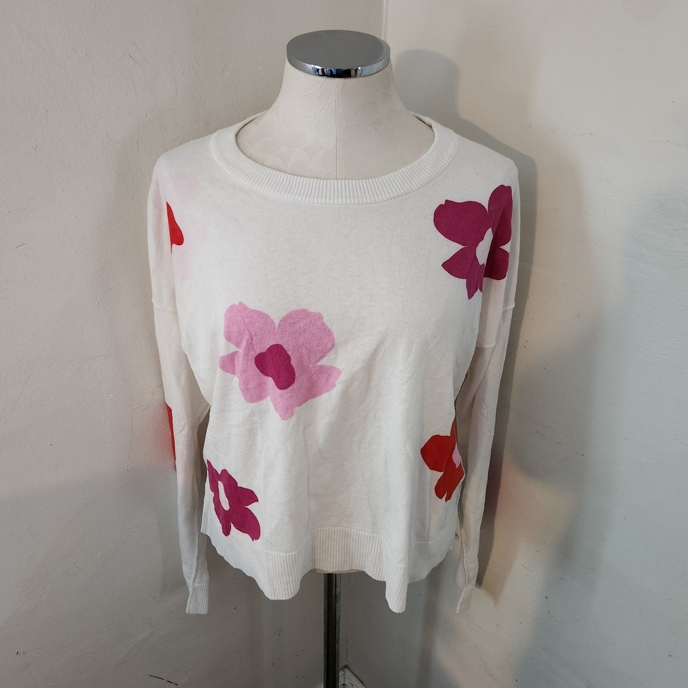 Sanctuary White Sweater with‎ Pink Floral Women's Size Large